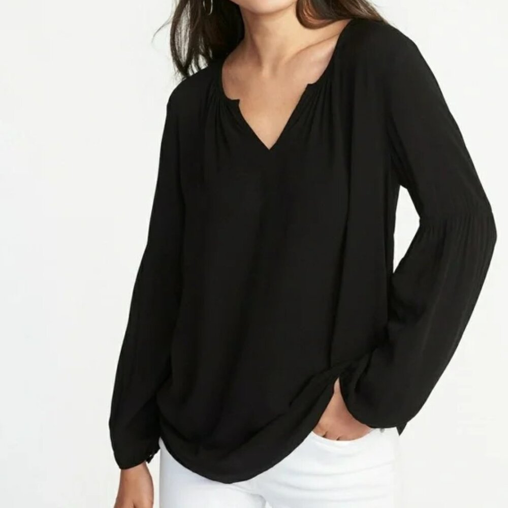 Old Navy sz Large Relaxed fit black matte satin long sleeve split neck blouse